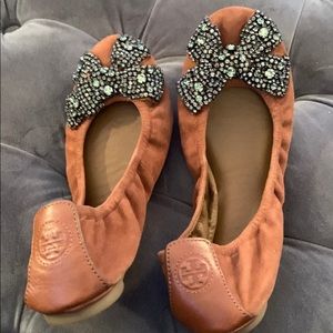 Tory Burch reva chestnut suede crystal bow flats 8